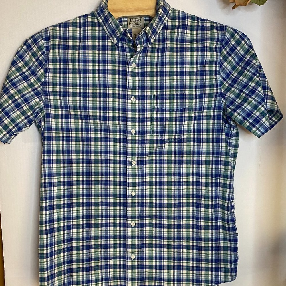 LL Bean Shirt Mens Large Tall Short Sleeve Button Down Blue & Green